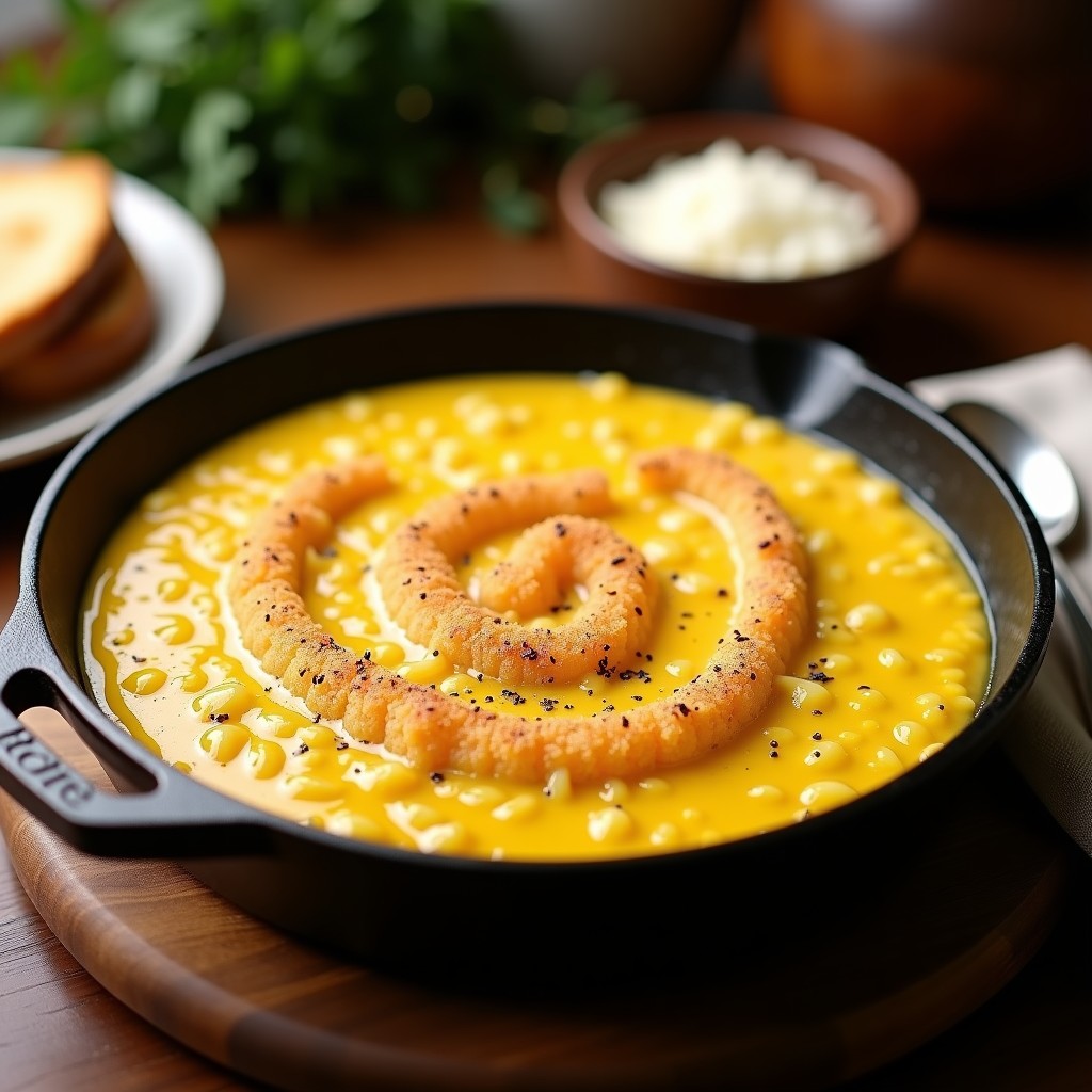 Cazuela de hierro fundido con risotto de azafrán cremoso, cubierto por una costra dorada y crujiente de queso parmesano y pecorino, servido con una cuchara de madera.
