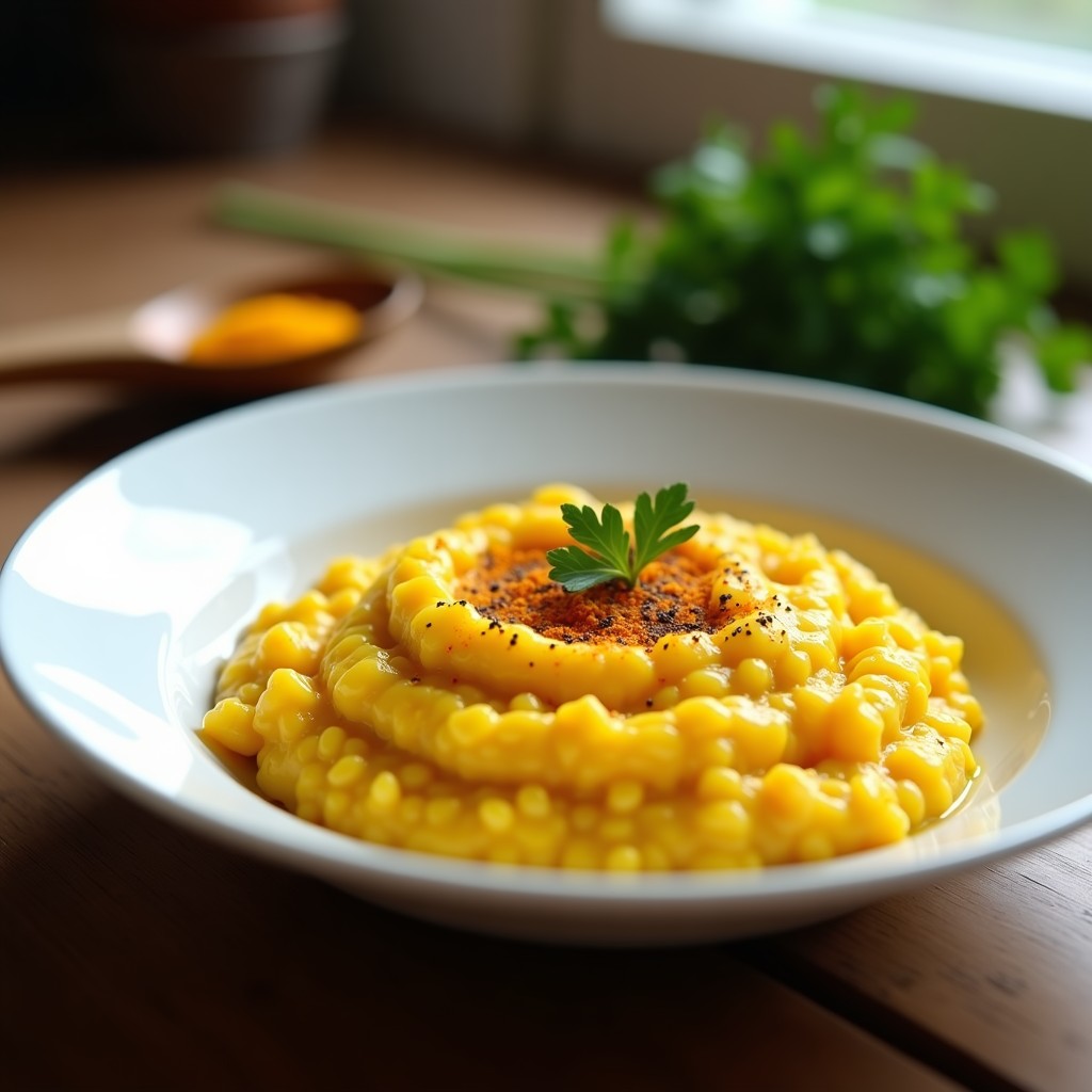 Plato blanco hondo con risotto de azafrán y cúrcuma de color dorado intenso, textura cremosa y brillo sedoso, decorado con hebras de azafrán y pimienta negra. Receta antiinflamatoria en sartén.