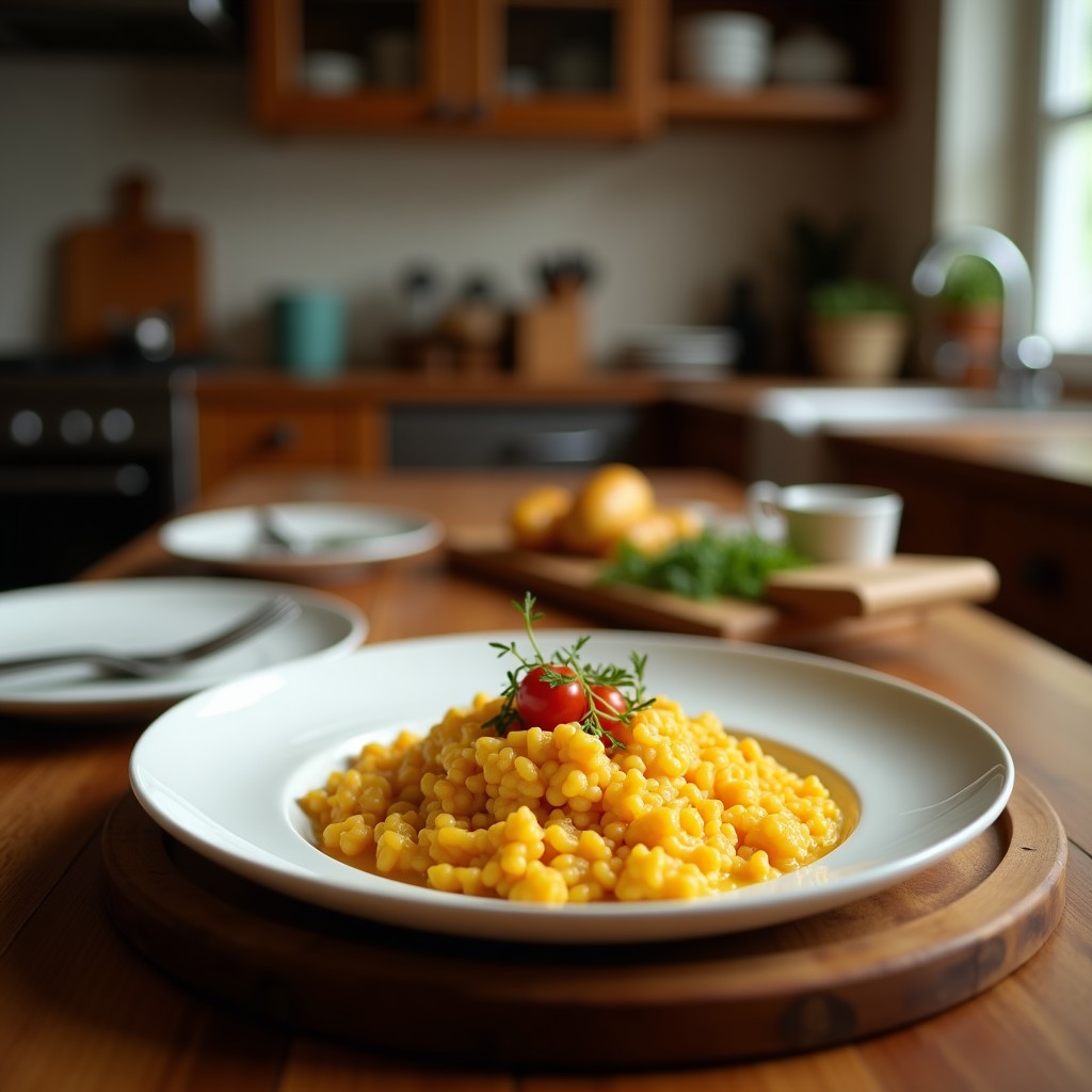 Plato hondo blanco con risotto de azafrán y cúrcuma en Thermomix, color dorado intenso, cremoso y decorado con hebras de azafrán y queso Parmesano rallado.