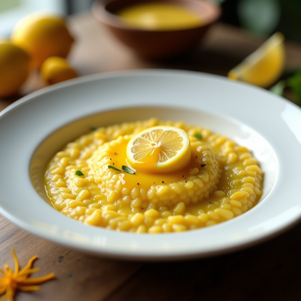 Plato hondo blanco con risotto de azafrán cremoso, color dorado intenso, servido con curdido de limón amarillo brillante y ralladura de limón por encima, sobre fondo rústico de madera.