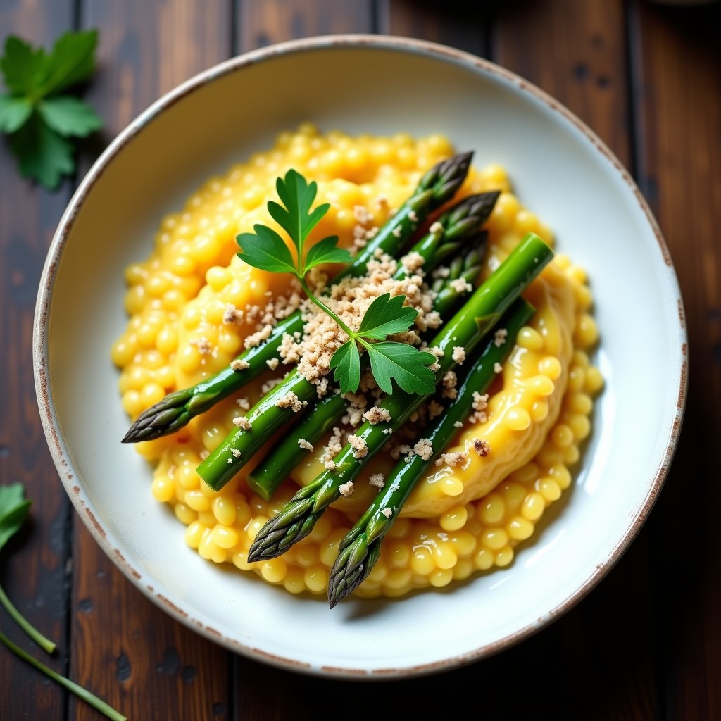 Plato hondo de cerámica blanca con risotto cremoso de color dorado por el azafrán, trozos de espárragos verdes brillantes y virutas de queso de cáscara de anacardo. Decorado con un hilo de aceite de trufa y hojas de perejil fresco sobre fondo rústico de madera.