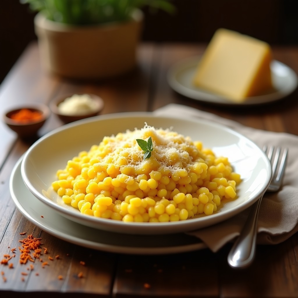 Plato blanco hondo con risotto al azafrán cremoso, color dorado intenso, decorado con hebras de azafrán y queso Parmesano rallado. Fondo rústico con servilleta de lino.
