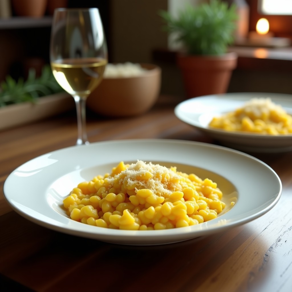 Plato hondo blanco con risotto de azafrán cremoso en el centro, rodeado de hebras de azafrán y espolvoreado con queso parmesano rallado, receta olla superpuesta.