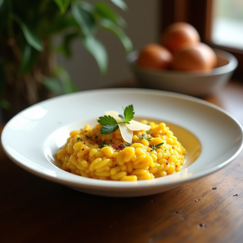 Plato blanco elegante con risotto de azafrán dorado y pimienta rosa, decorado con perejil fresco y virutas de parmesano, receta gourmet en airfryer sin aceite.