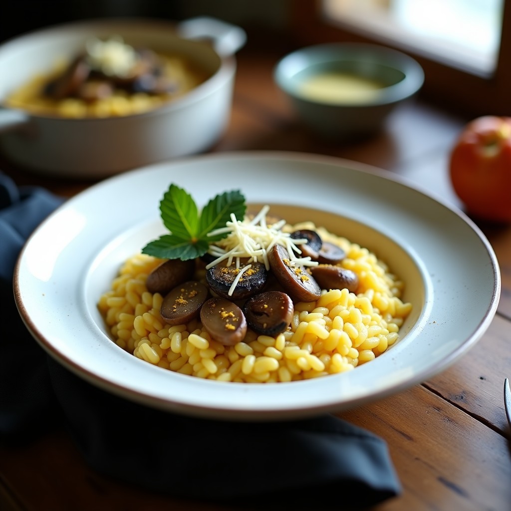 Cazuela de cerámica blanca con risotto de azafrán y setas, cremoso y dorado, decorado con hebras de azafrán y virutas de parmesano. Setas salteadas y hojas de perejil alrededor.