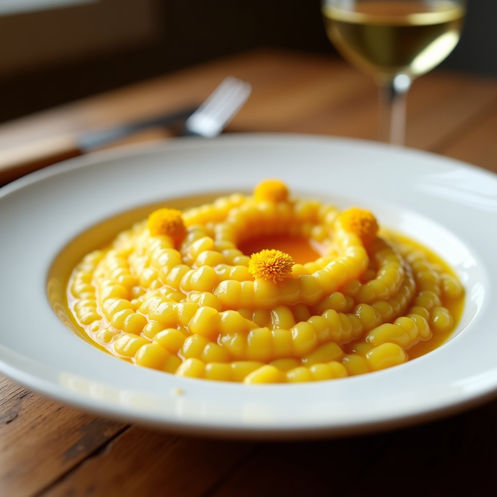 Plato blanco con risotto de azafrán vegano en Thermomix, color dorado intenso, textura cremosa y decorado con hebras de azafrán y pétalos de caléndula.