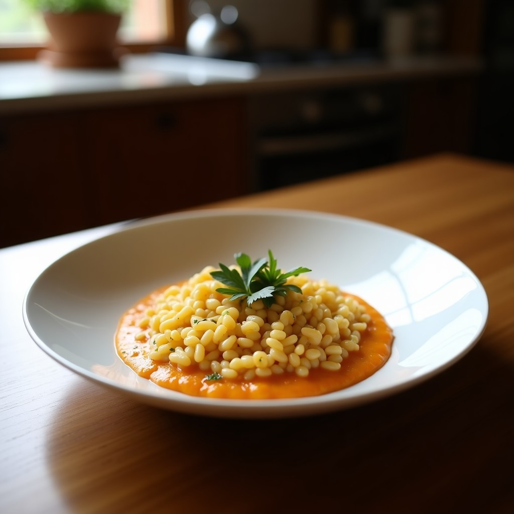 Plato blanco de loza con risotto cremoso de color dorado por el azafrán, espolvoreado con queso parmesano y decorado con hebras de azafrán. Al fondo, especias de za'an y una cuchara de madera.