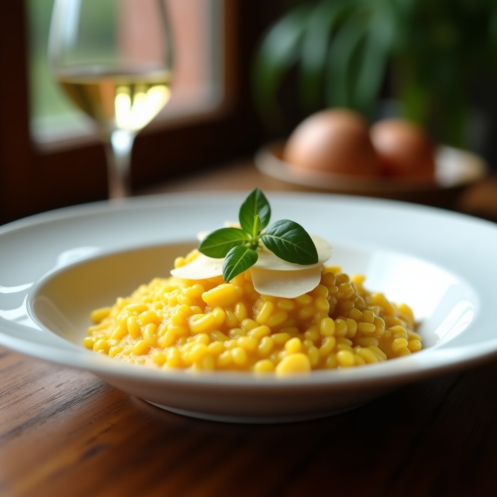 Plato hondo blanco con risotto cremoso de color dorado intensificado por el azafrán, decorado con hebras de zafarráncho fresco y virutas de parmesano, receta en sartén.