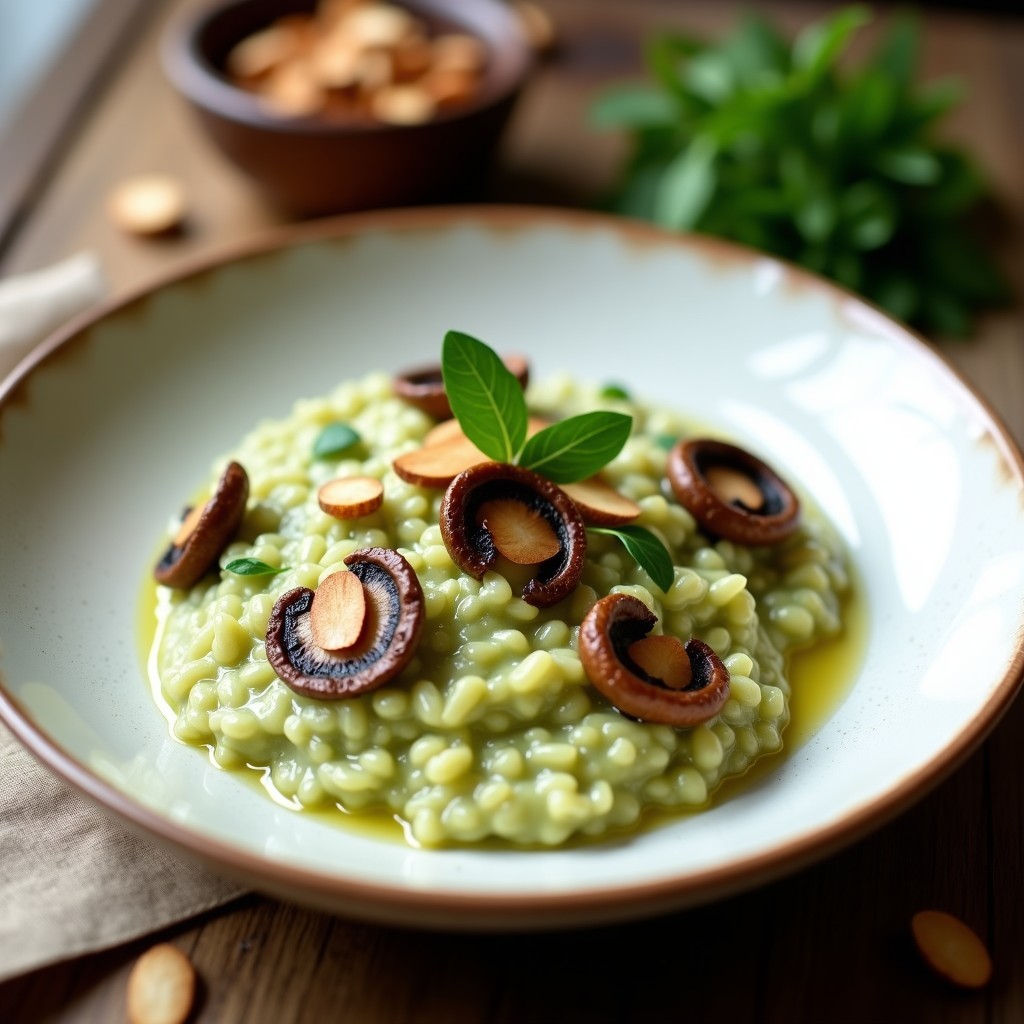 Plato hondo de cerámica blanca con risotto cremoso de color verde pálido, coronado con láminas doradas de champiñones Portobello, almendras fileteadas tostadas y un hilo de aceite de oliva. Receta italiana de risotto de boldo y champiñones Portobello en olla lenta, con toque detox.
