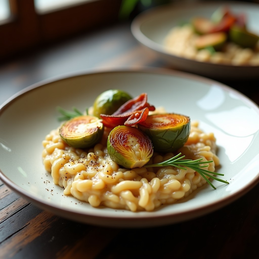 Plato hondo de barro con risotto cremoso de coles de Bruselas, trozos dorados de panceta de tofu crujiente y un hilo de aceite de sésamo. Receta vegana en Thermomix con toque umami.