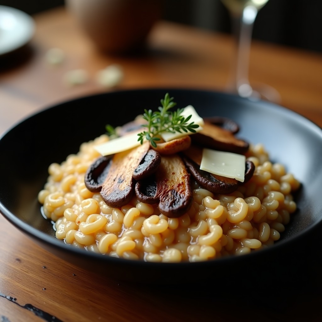 Plato hondo de cerámica oscura con risotto de café y champiñones, de textura cremosa y color beige intenso, decorado con láminas doradas de champiñones portobello y virutas de parmesano. Al fondo, una taza de espresso y un ramito de tomillo fresco.
