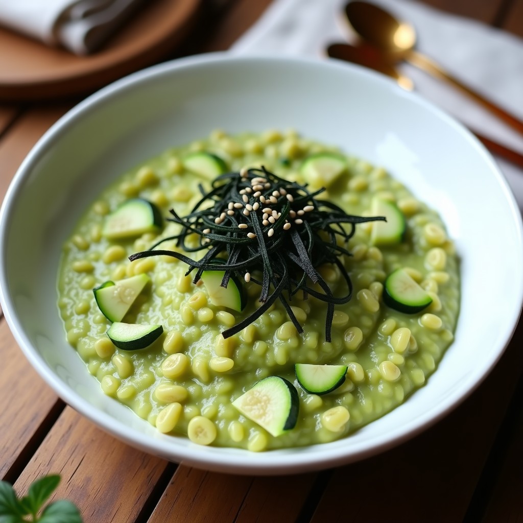 Plato hondo blanco con risotto keto de calabacín y algas nori, cremoso y brillante, decorado con semillas de sésamo y tiras de alga nori, servido con cubiertos de madera sobre fondo rústico.