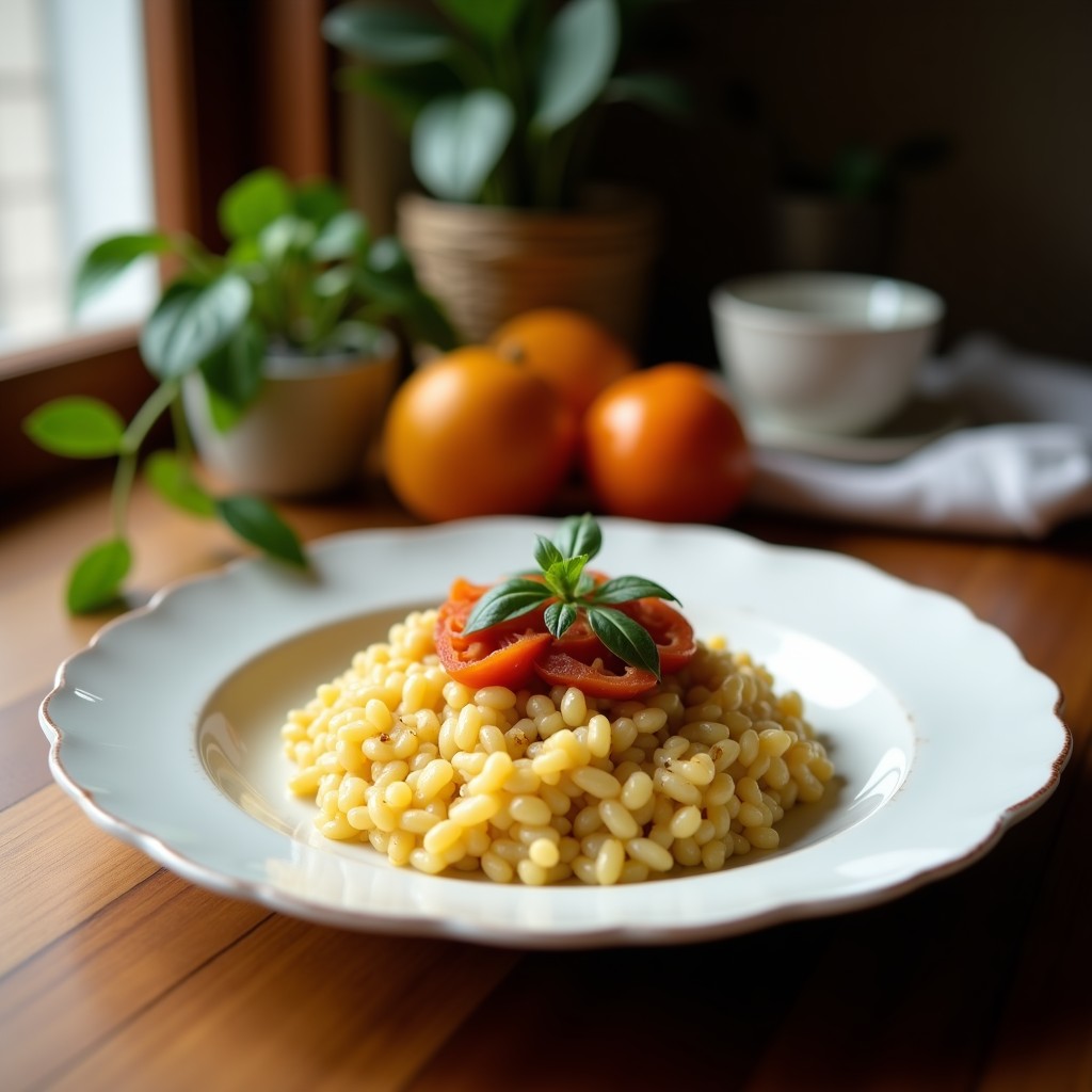 Plato hondo blanco con risotto cremoso de color amarillo dorado gracias al azafrán, mezclado con cubos de calabacín verde y coronado con trozos de tocino crujiente. Decorado con perejil fresco y ralladura de limón. Receta de risotto de calabacín y azafrán con tocino crujiente en olla exprés sin lácteos.