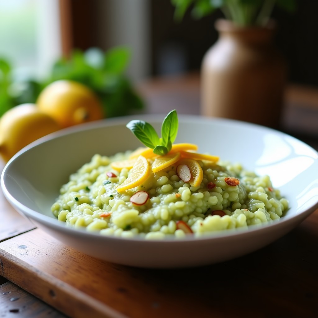 Plato hondo blanco con risotto keto de calabacín y limón en Thermomix, textura cremosa y color verde claro, decorado con almendras fileteadas tostadas y cáscara de limón confitado dorada.