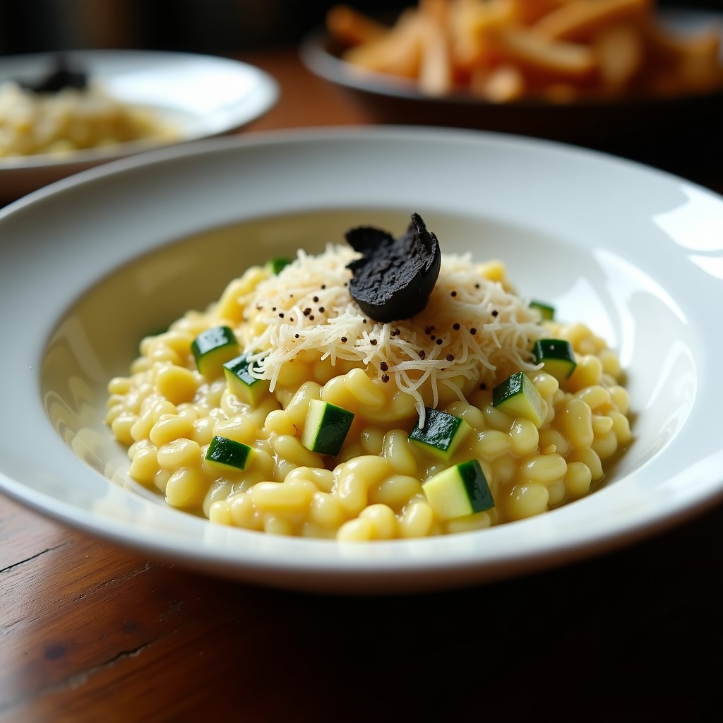 Plato hondo blanco con risotto cremoso de calabacín y trufa negra, decorado con láminas de trufa y virutas de parmesano, receta en ollas superpuestas.