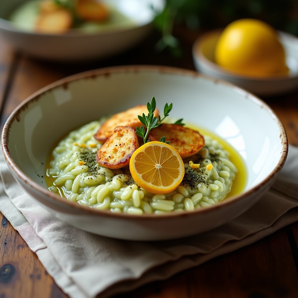 Plato hondo de cerámica blanca con risotto cremoso de color beige claro, salpicado de cubos dorados de queso halloumi, dados de calabacín verde y piñones tostados. Decorado con hojas de hierbabuena fresca y un hilo de aceite de oliva, sobre fondo rústico de madera con especias zaatar al lado.