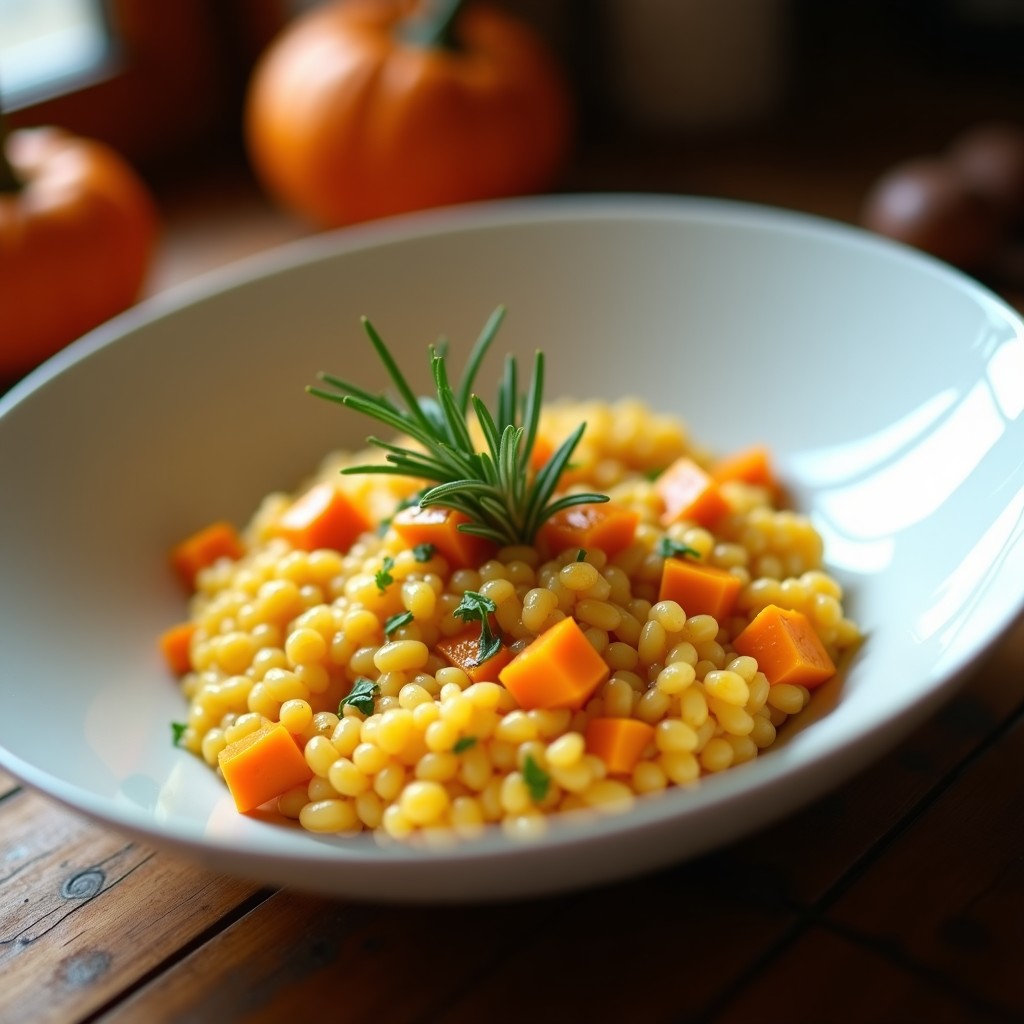 Plato hondo blanco con risotto de calabaza asada vegano, cremoso y de color dorado, decorado con hojas de romero fresco y un hilo de aceite de oliva. La calabaza asada se ve en trozos entre el arroz, y el fondo es una mesa de madera rústica.