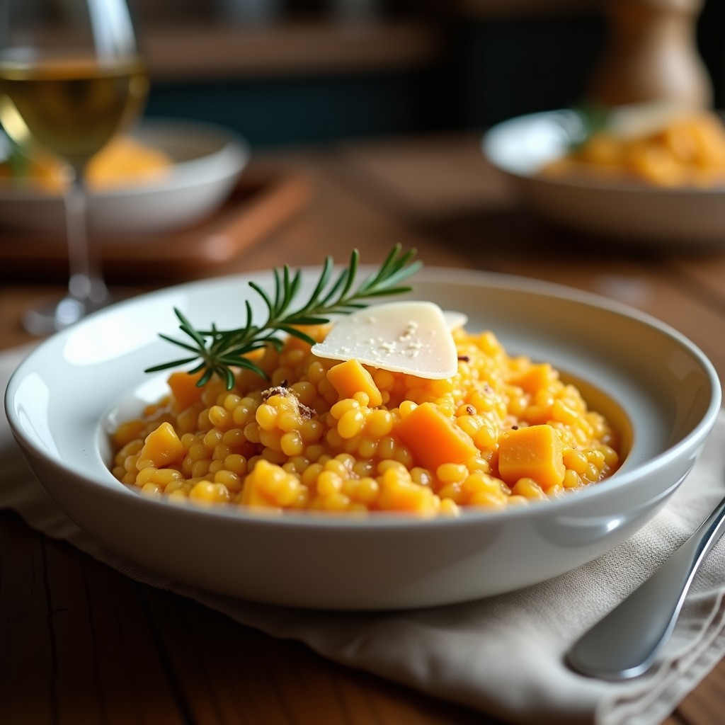 Plato hondo blanco con risotto cremoso de calabaza butternut ahumada, decorado con hojas de romero y virutas de parmesano, sobre fondo rústico de madera.