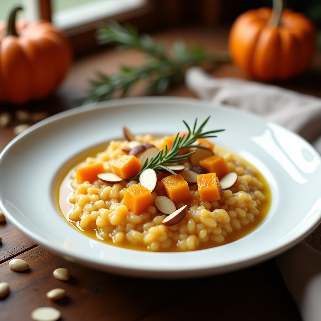Plato hondo de cerámica blanca con risotto de calabaza butternut y queso de oveja, cremoso y dorado, decorado con cubos de calabaza asada, almendras fileteadas y romero fresco. Fondos de cocina rústica con luz cálida, resaltando el toque otoñal.