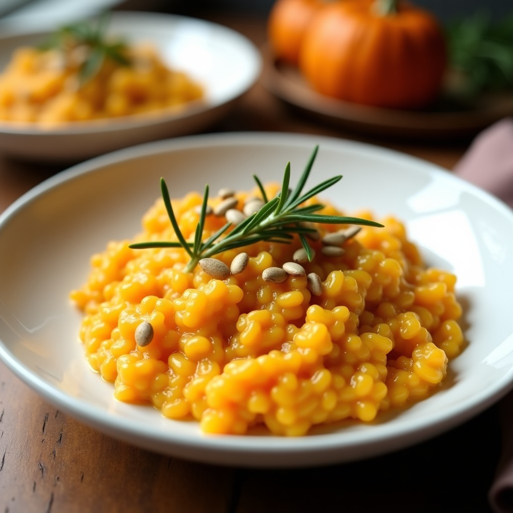 Plato hondo de cerámica blanca con risotto cremoso de coliflor, trozos dorados de calabaza butternut asada, almendras fileteadas tostadas y hojas de romero fresco. Fondo borroso con textura rústica y luz cálida que resalta el color naranja de la calabaza.
