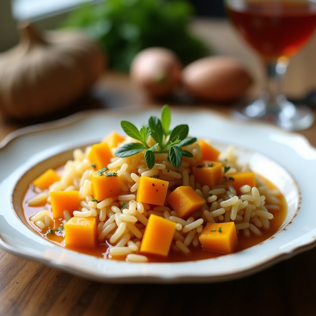 Plato hondo blanco con risotto de calabaza butternut y salvia, servido en la Airfryer. El risotto tiene una textura cremosa con trozos de calabaza dorada y hojas de salvia fresca. Decorado con nueces tostadas picadas y un hilo de aceite de oliva virgen extra.
