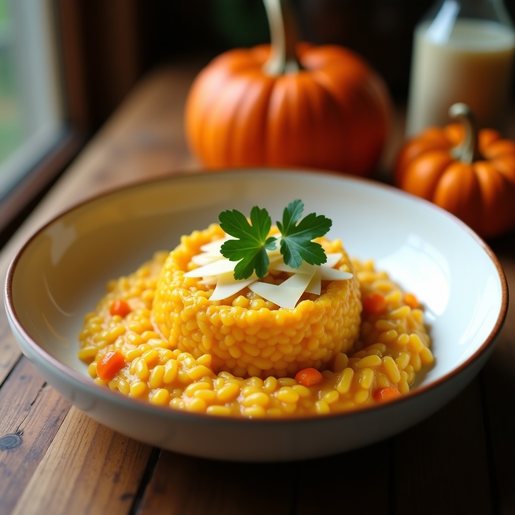 Plato hondo de cerámica blanca con risotto de calabaza y cúrcuma en dos capas: base cremosa de arroz con cubos de calabaza y capa superior dorada de puré de calabaza especiado. Decorado con perejil fresco y virutas de parmesano.