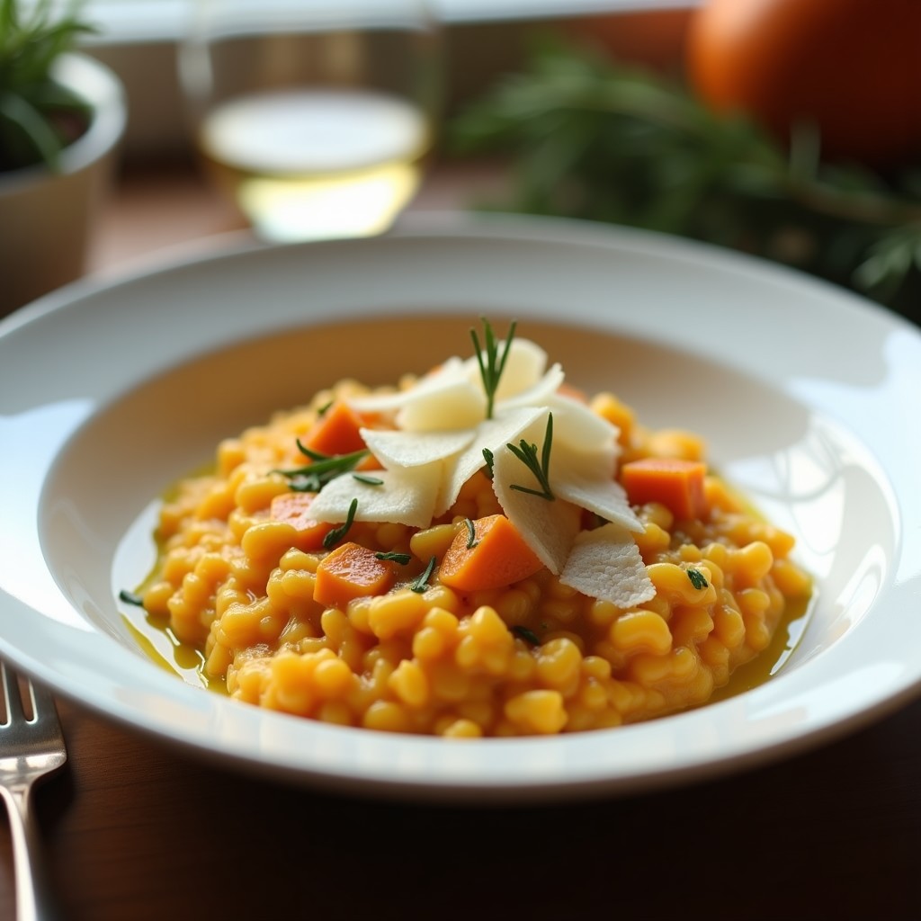Plato hondo blanco con risotto cremoso de color naranja claro, trozos de calabaza asada dorada y vetas de queso gorgonzola derretido. Decorado con hierbas frescas y virutas de parmesano, servido sobre una mesa de madera con una copa de vino blanco al fondo.