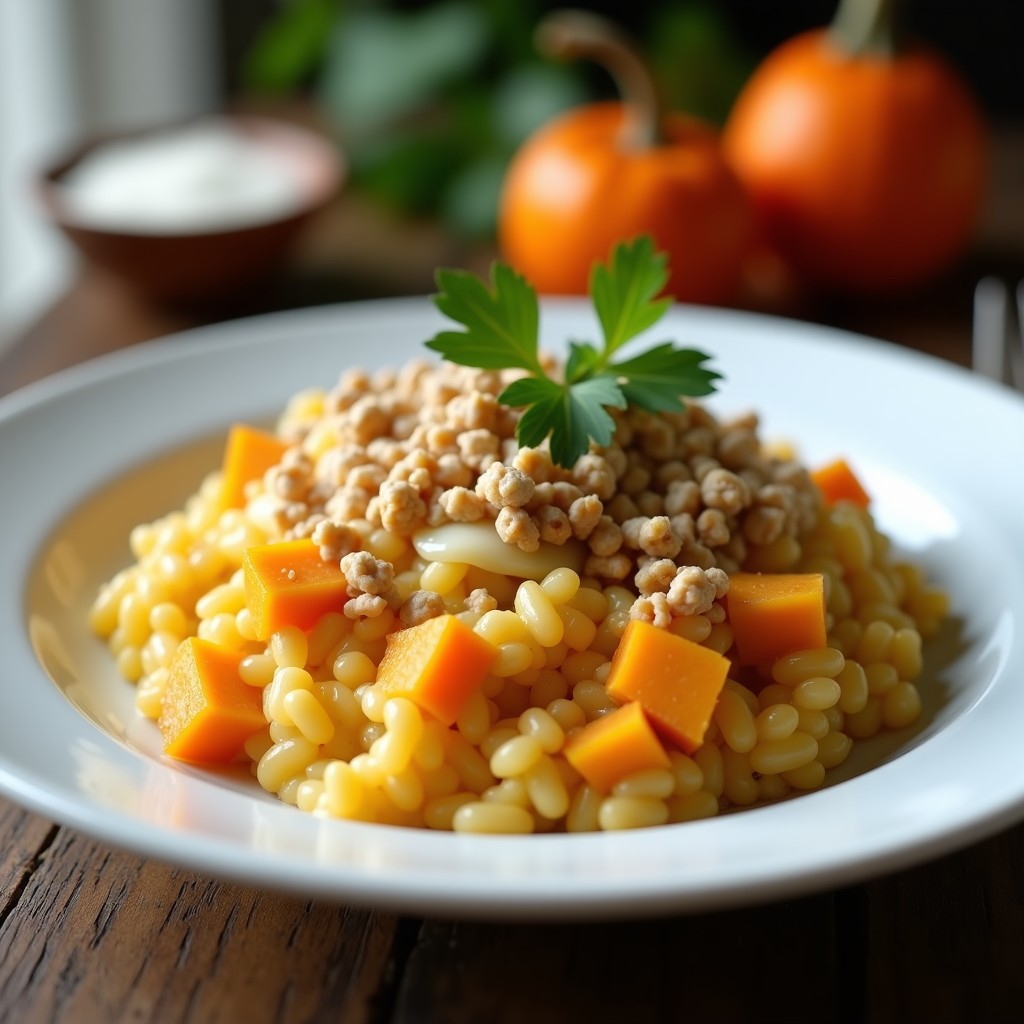 Plato blanco con risotto cremoso de calabaza asada y trozos de gorgonzola derretido, coronado con crunch de nueces tostadas y perejil fresco, receta italiana en Thermomix.