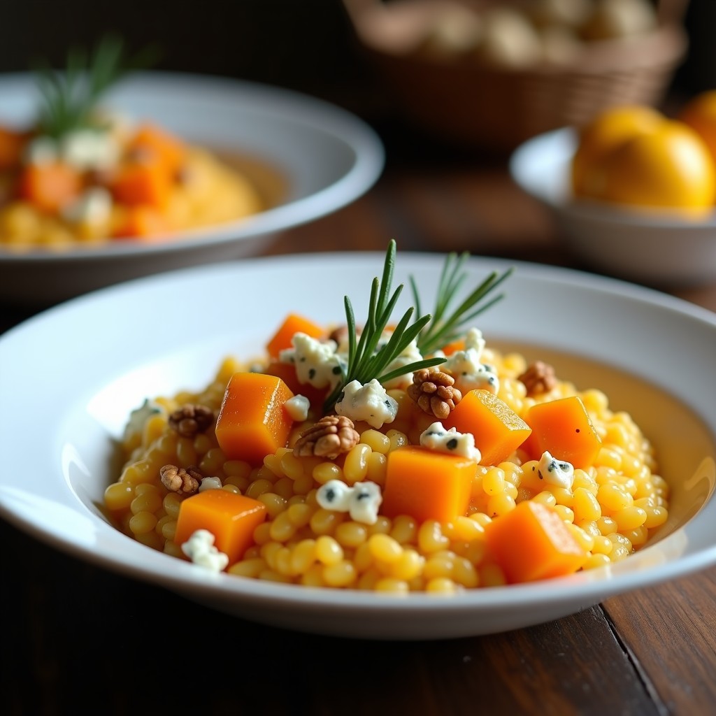 Plato hondo de cerámica blanca con risotto de calabaza y queso azul con nueces, textura cremosa, trozos de calabaza dorada, migajas de queso azul y nueces tostadas espolvoreadas, decorado con hojas de romero.
