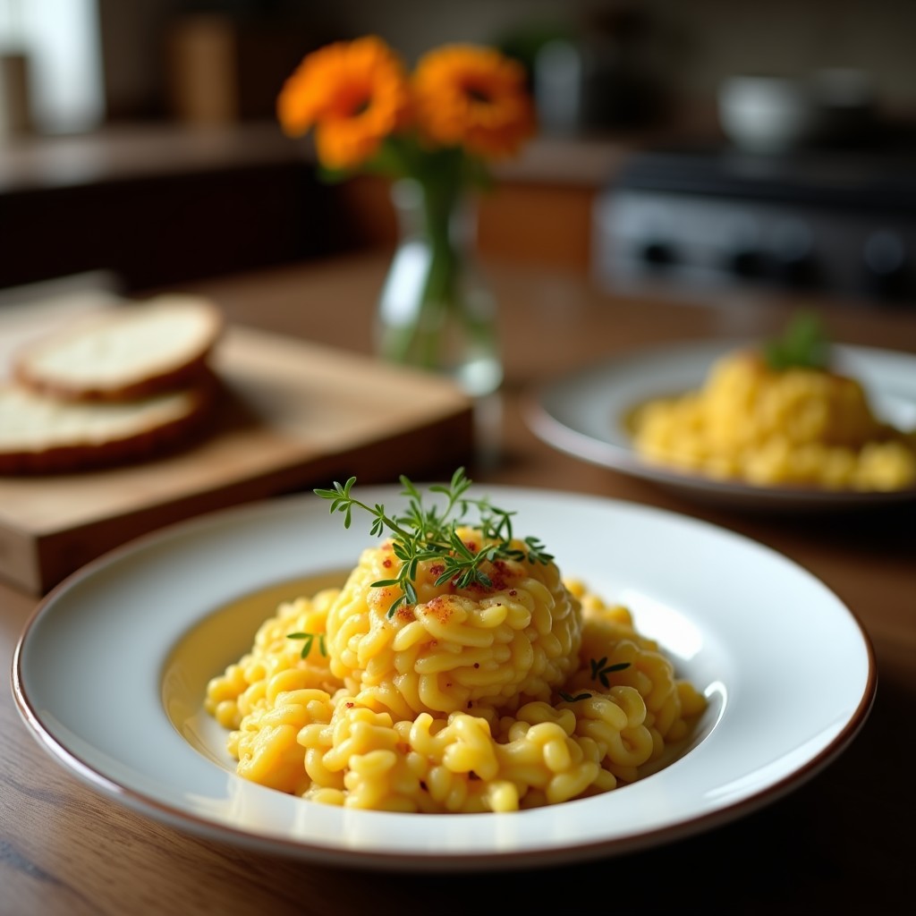 Plato hondo de cerámica blanca con risotto cremoso de calabaza butternut y queso de castaña, decorado con hojas de salvia fritas y un toque de pimienta negra. Fondos borrosos de una cocina otoñal con ingredientes frescos.