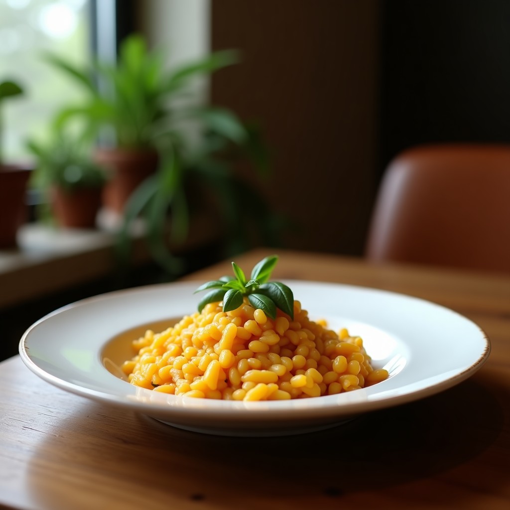 Plato hondo de porcelana blanca con risotto cremoso de calabaza y tofu ahumado, decorado con hojas de salvia frita y pimienta negra. Receta vegana alta en proteína.