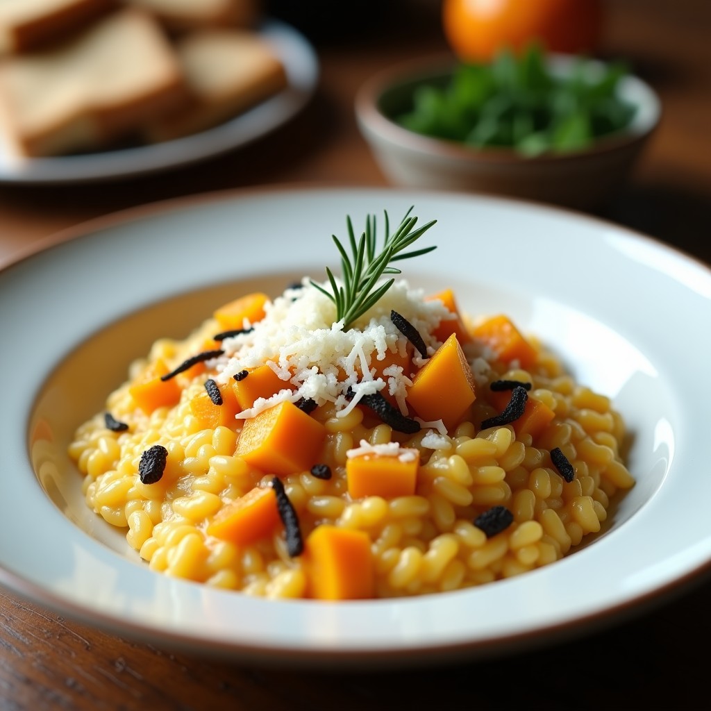 Plato blanco con risotto cremoso de calabaza y trufa negra, servido con virutas de parmesano y hojas de romero fresco.