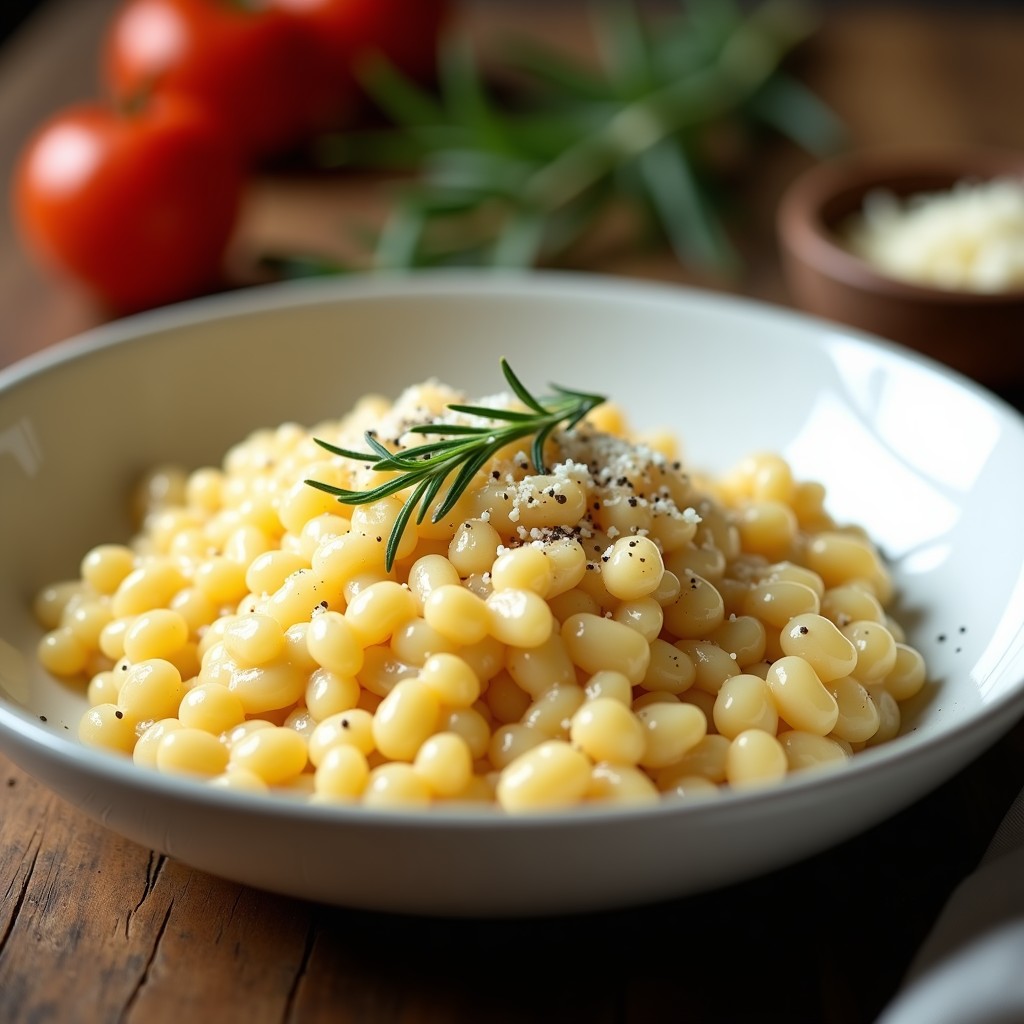 Plato hondo blanco con risotto Cacio e Pepe cremoso, espolvoreado con queso pecorino rallado y pimienta negra, cocinado en airfryer.