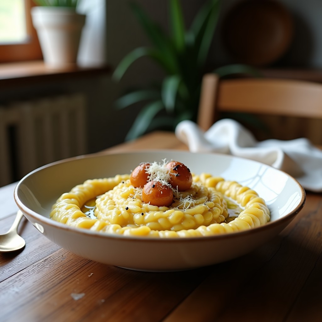 Plato hondo de cerámica blanca con risotto cremoso de calçots ahumados, decorado con rodajas de calçot y queso parmesano rallado, servido con cuchara de madera.
