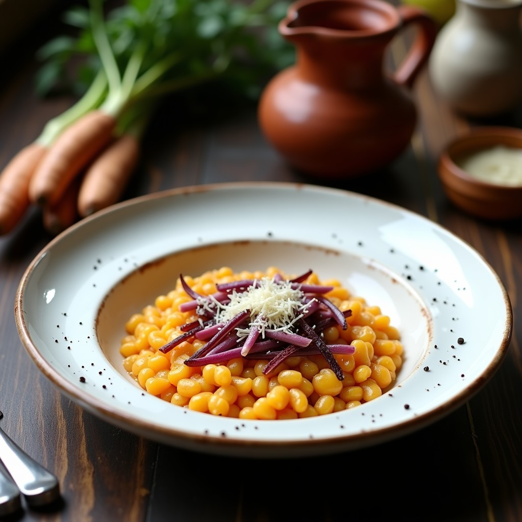 Plato hondo de cerámica blanca con risotto cremoso de calçots y ñora, decorado con hebras de cebolla morada y virutas de parmesano, receta catalana express.
