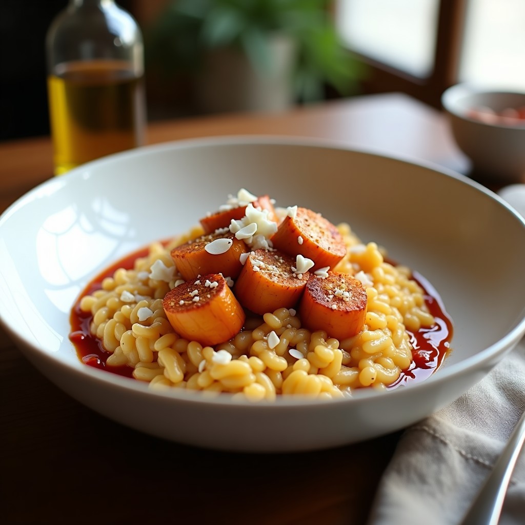 Plato hondo de cerámica blanca con risotto cremoso de coliflor, trozos de calçots asados y salsa romesco oscura. Decorado con virutas de almendra y queso parmesano.