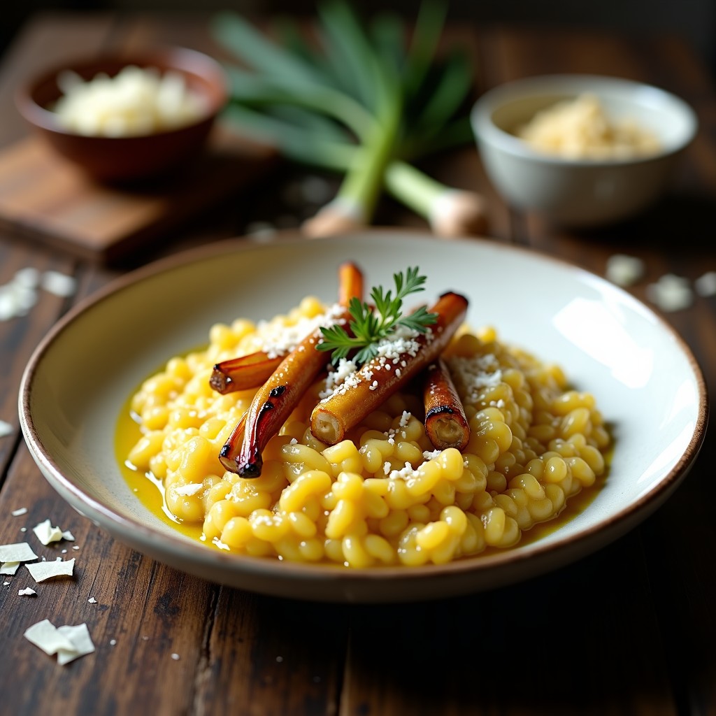 Plato hondo blanco con risotto cremoso de color dorado, trozos de calçots asados y virutas de queso parmesano, decorado con aceite de oliva. Receta tradicional catalana de risotto de calçots y ñora en ollas superpuestas.