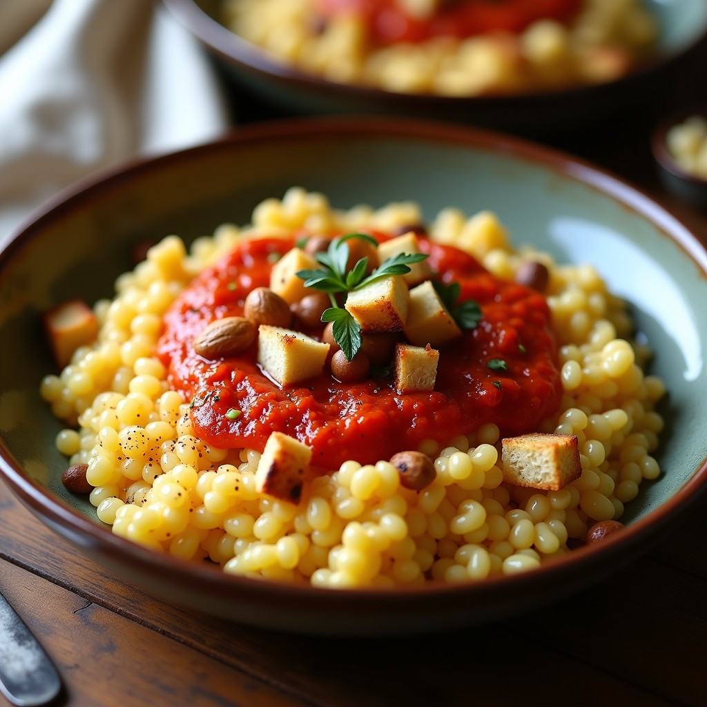 Plato hondo de barro con risotto cremoso de calçots, coronado con salsa romesco vegana de color rojo intenso y trocitos de pan tostado. Receta catalana tradicional reinventada.