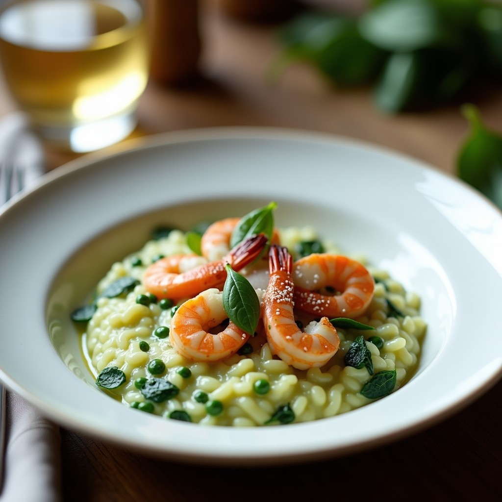 Plato hondo blanco con risotto cremoso de color verde claro, salpicado de gambas rosadas y trozos de calçots asados, espolvoreado con queso Parmesano rallado.