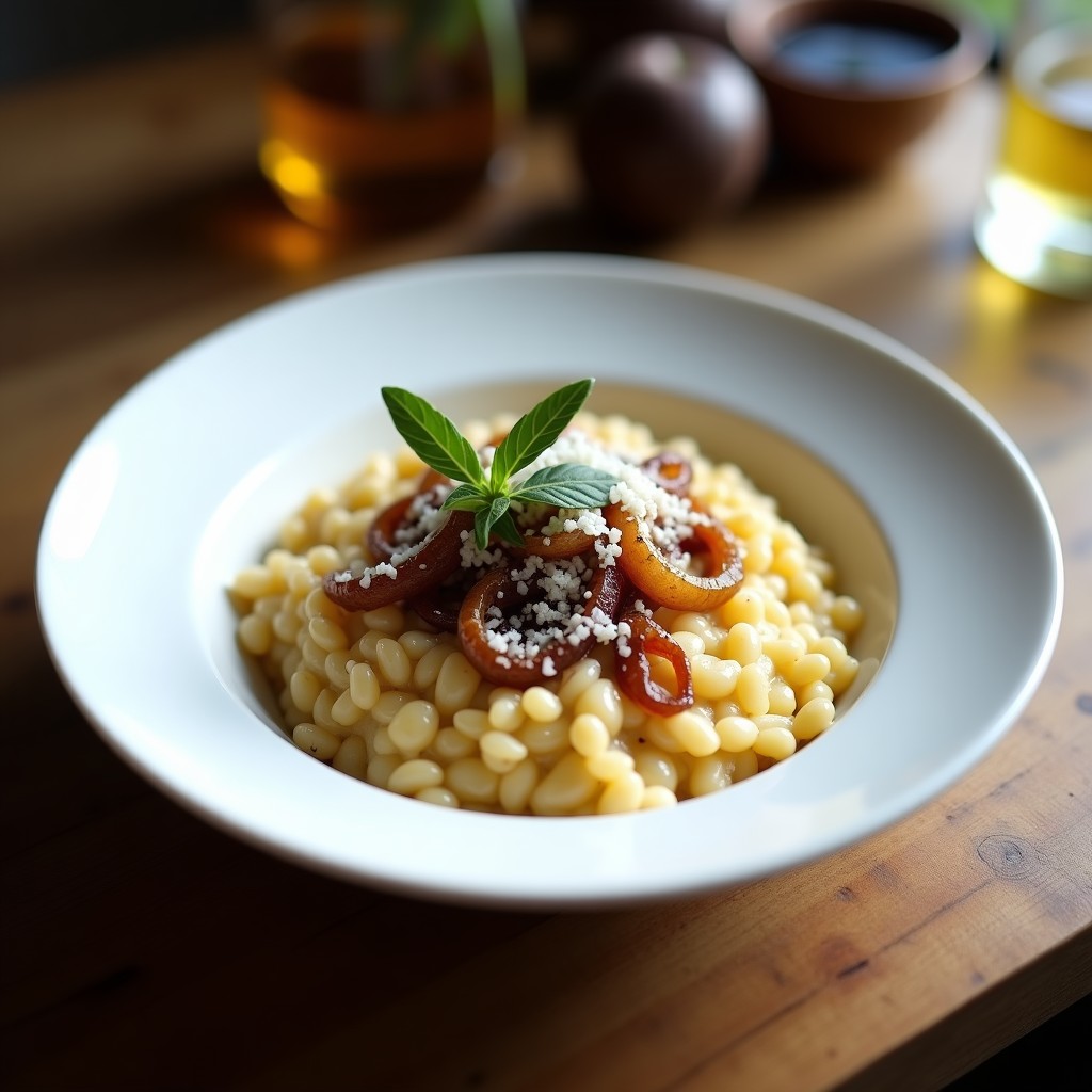 Plato hondo de porcelana blanca con risotto de cebolla caramelizada en airfryer, textura cremosa, cebolla morada dorada y queso parmesano rallado por encima, decorado con hojas de tomillo fresco.