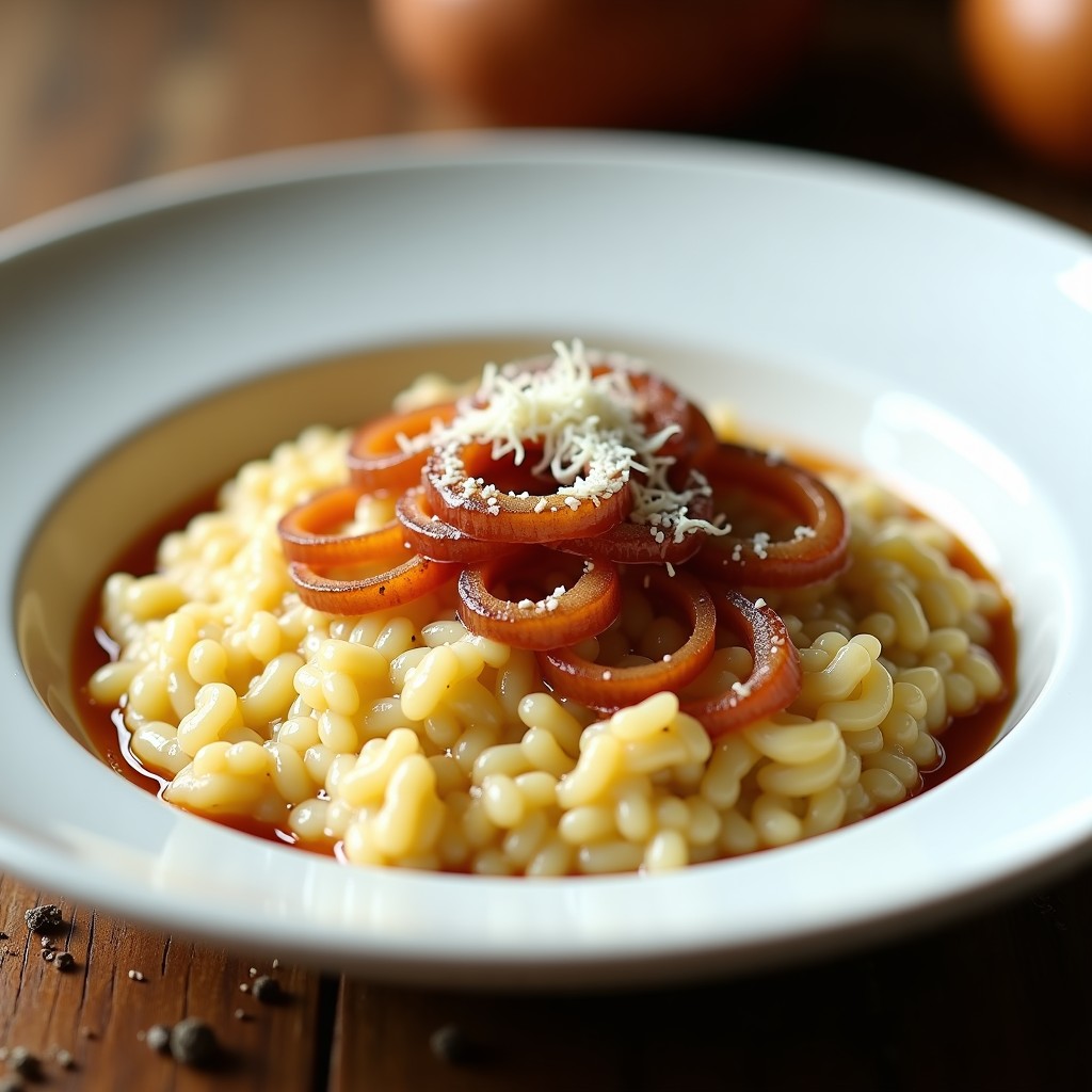 Plato hondo blanco con risotto de cebolla caramelizada en Thermomix, textura cremosa y brillante, decorado con láminas doradas de cebolla y queso Parmesano rallado.