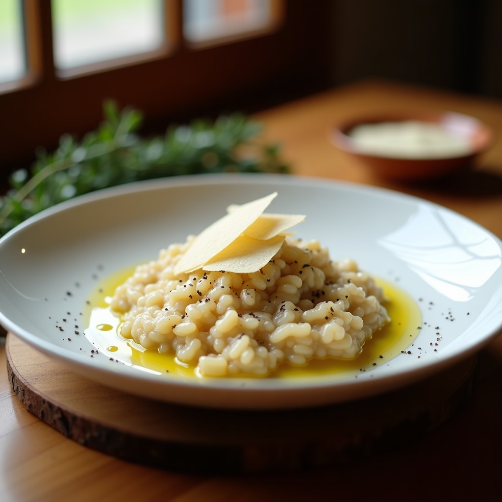 Plato blanco con risotto cremoso de cebolla negra y parmesano, servido con virutas de queso y un hilo de aceite de oliva, preparado en airfryer.