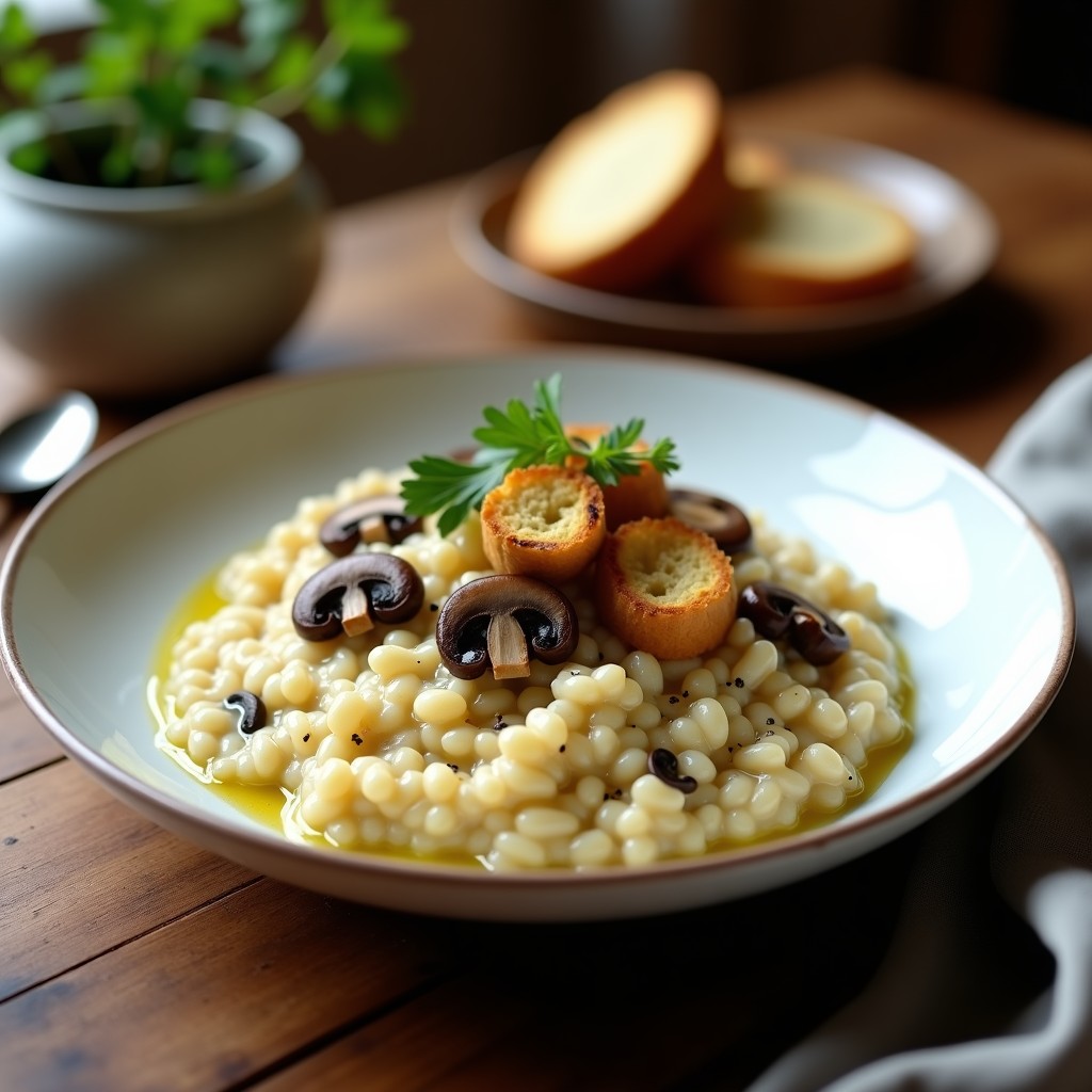 Plato hondo de cerámica blanca con risotto de cebos cremoso, cubierto de láminas doradas de setas y cubitos de pan tostado crujiente, decorado con perejil fresco y servido con cuchara de madera.