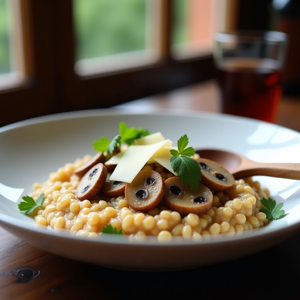 Plato hondo blanco con risotto cremoso de color beige claro, champiñones laminados dorados y virutas de parmesano, servido con una cuchara de madera sobre fondo rústico de madera oscura.