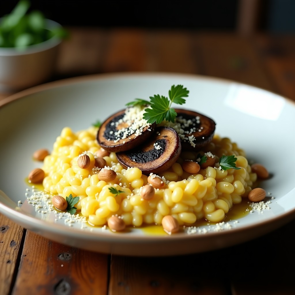 Plato hondo blanco con risotto cremoso de color dorado por la cúrcuma, lleno de láminas de champiñones portobello, espolvoreado con perejil fresco y virutas de queso parmesano. Receta keto de risotto de champiñones portobello y cúrcuma con caldo de huesos.