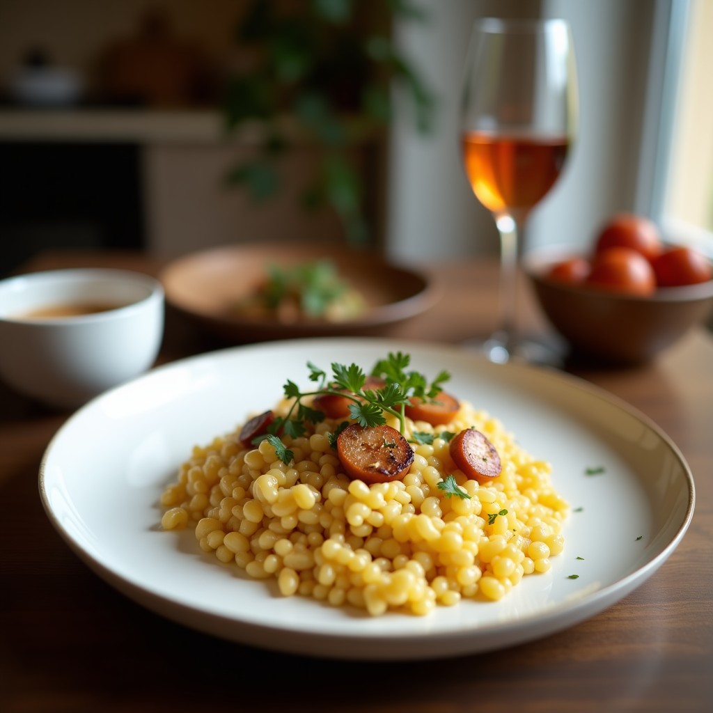 Plato hondo de porcelana blanca con risotto cremoso de champiñones portobello y trufa, decorado con virutas de parmesano y un hilo de aceite de trufa negra, receta en airfryer.