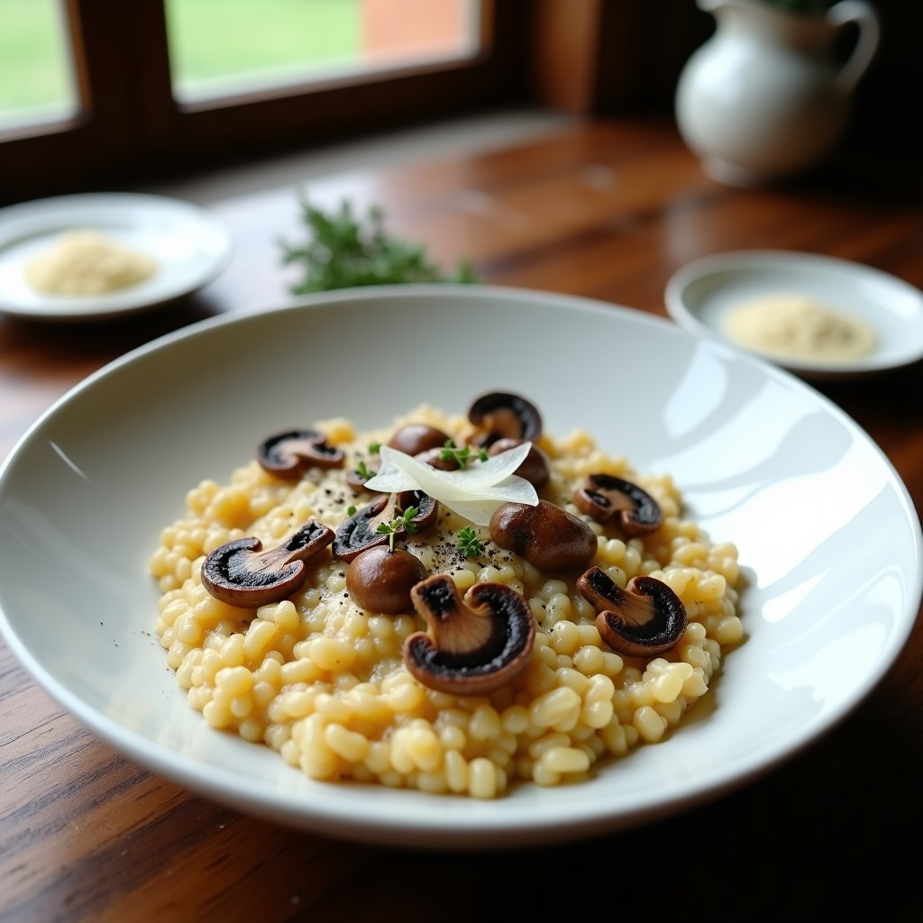 Plato blanco hondo con risotto de champiñones y trufa ultracremoso, decorado con láminas de champiñones dorados, virutas de parmesano y un hilo de aceite de trufa negra.