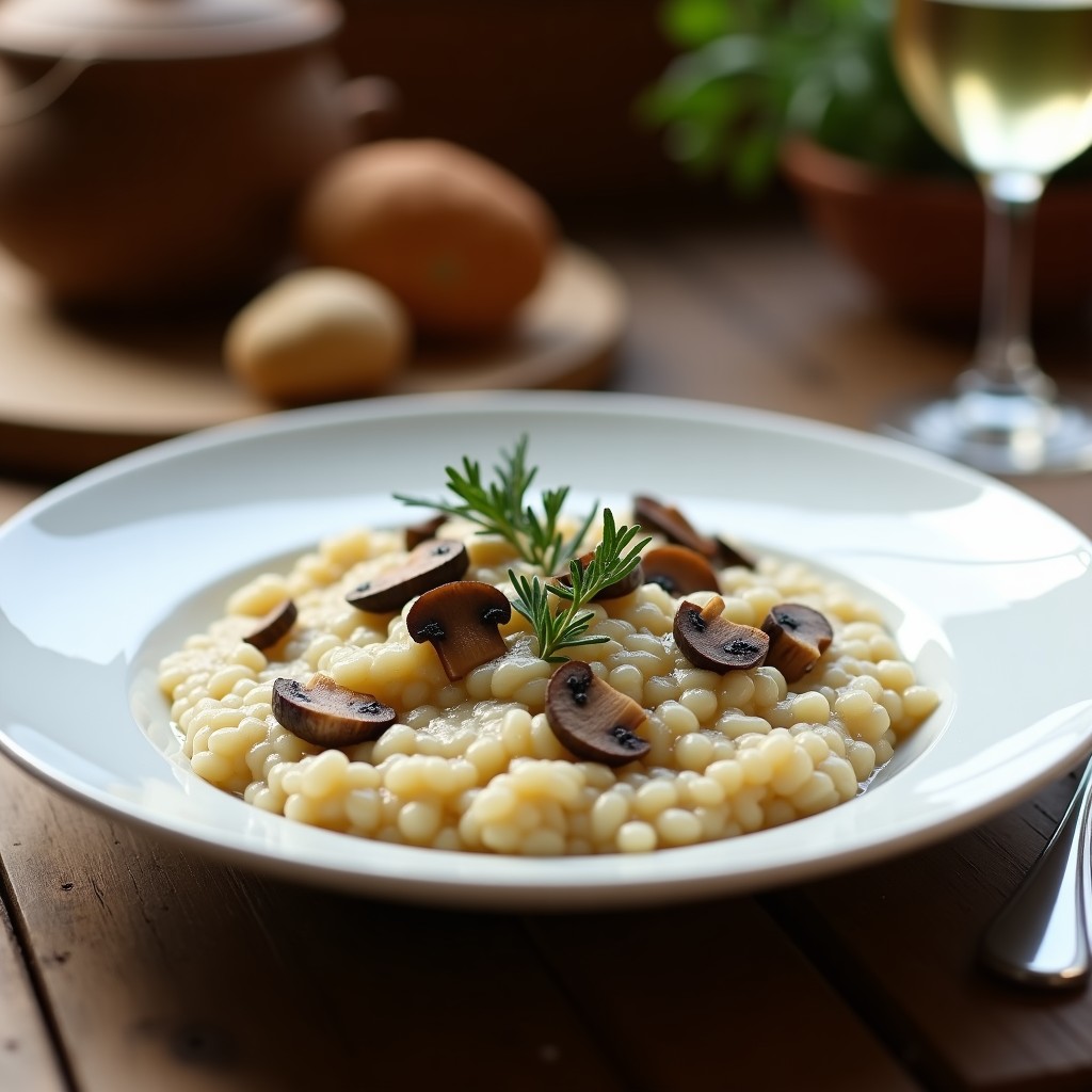 Plato hondo blanco con risotto cremoso de champiñones portobello y láminas de trufa negra, espolvoreado con queso parmesano y un hilo de aceite de trufa, receta Thermomix.