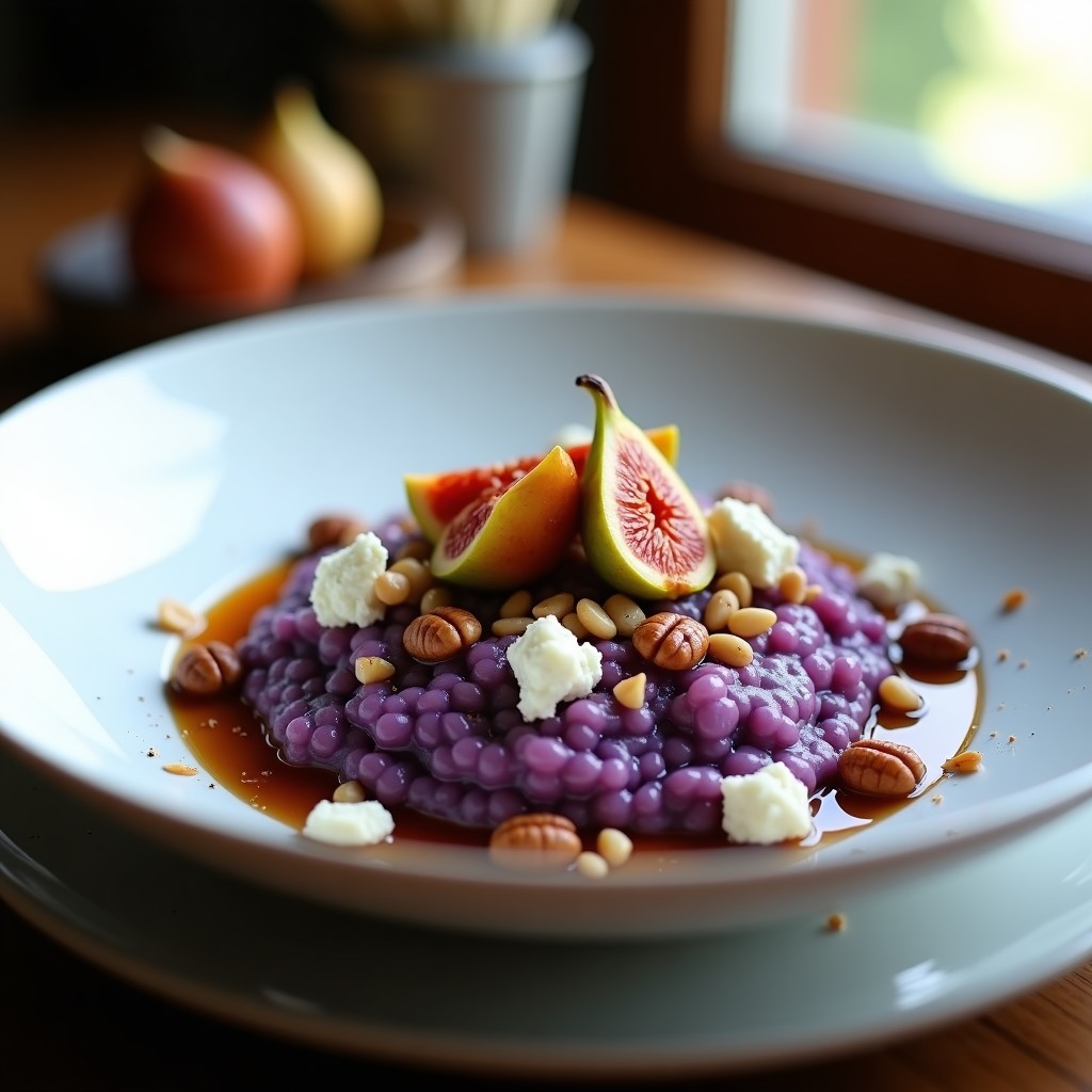 Plato hondo de cerámica blanca con risotto de color violeta intenso de col morada, coronado con queso de cabra desmenuzado, higos frescos caramelizados dorados y nueces pecanas tostadas. Toque de miel brillante y pimienta negra espolvoreada. Receta de risotto de col morada y queso de cabra en Thermomix con toque afrutado.