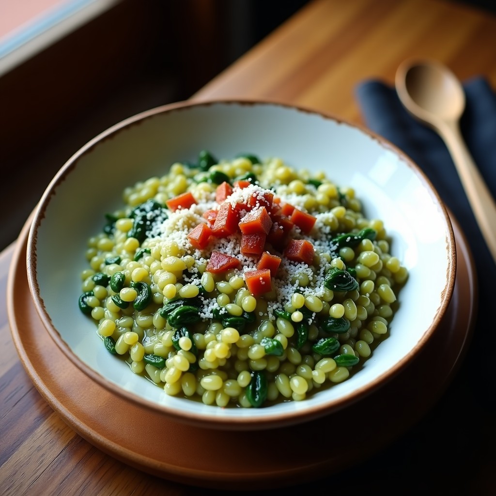 Plato hondo de cerámica blanca con risotto cremoso de color verde oscuro, coronado con cubos de panceta ahumada dorada y crujiente, pan rallado tostado y hojas de col rizada fresca. Receta de risotto de col rizada y panceta ahumada en Thermomix con toque crujiente.